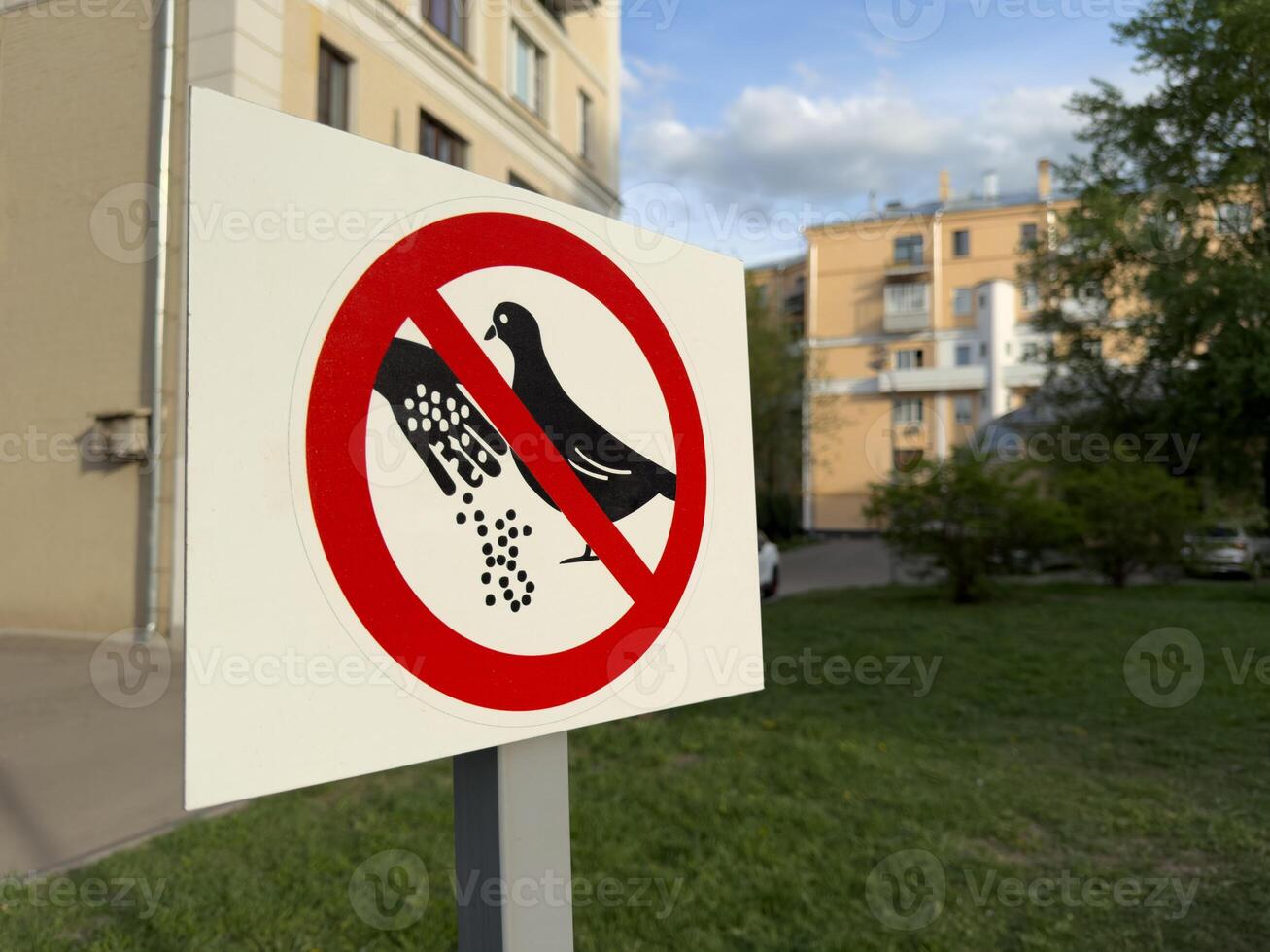 Warning sign in residential courtyard prohibiting feeding pigeons. Simple urban design with clear pictogram against blurred background of apartment buildings and green lawn photo