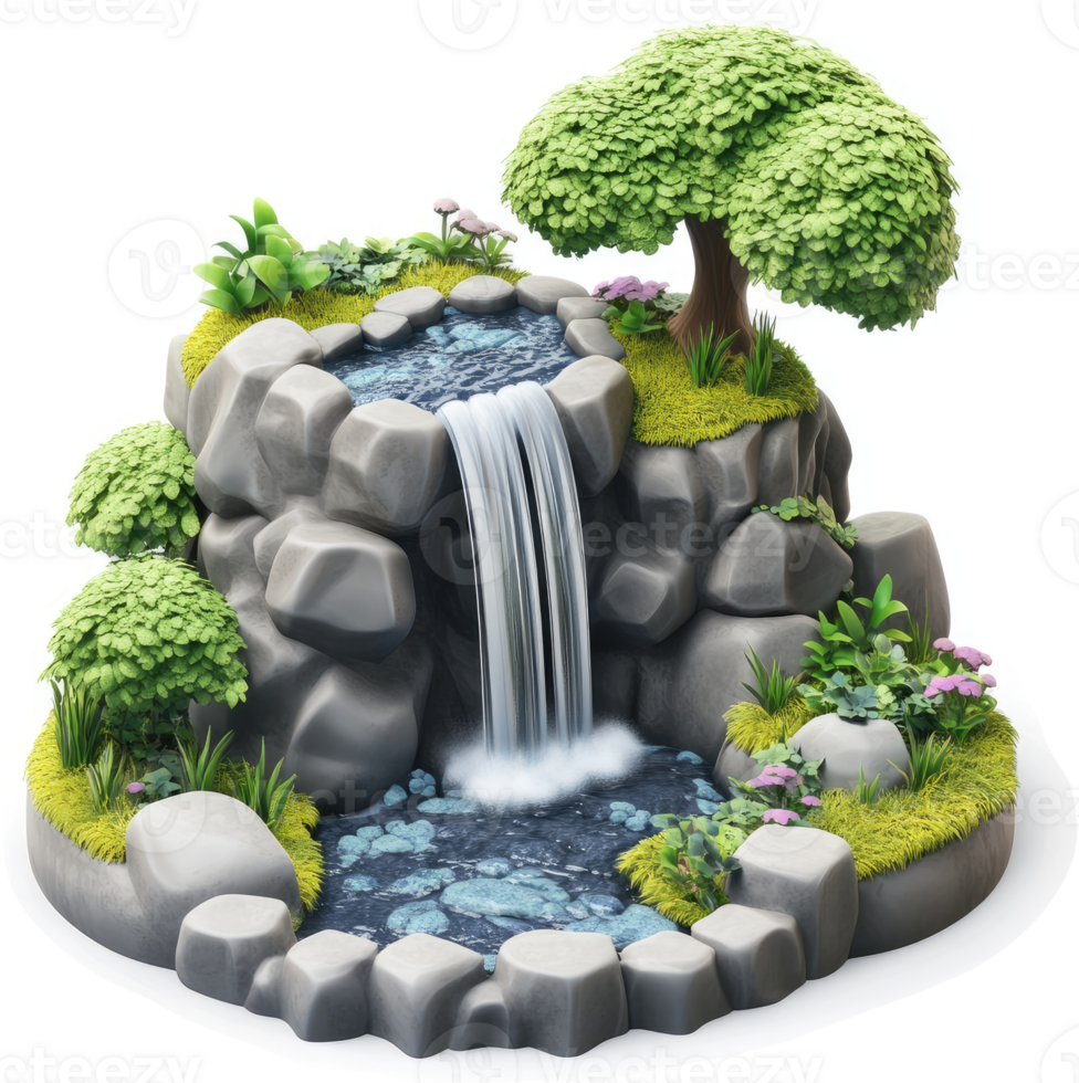 Miniature landscaped waterfall scene with stylized rocks and plants. png