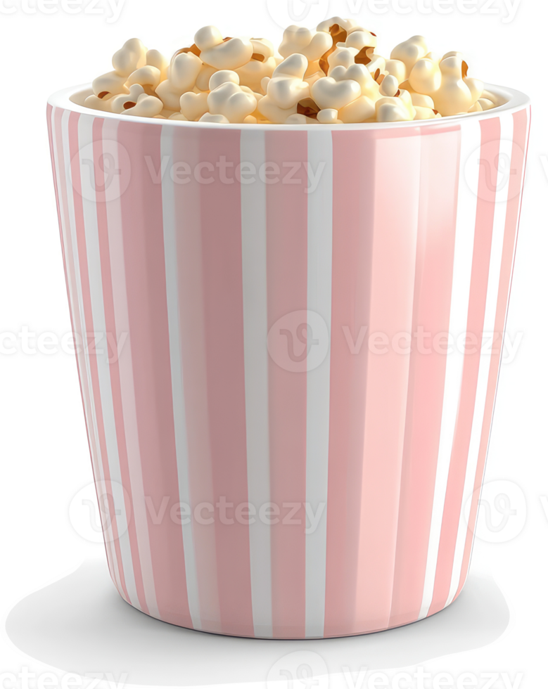 Pink striped popcorn container filled with kernels. png