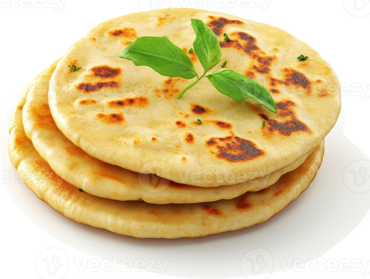 Three golden brown flatbreads topped with fresh herbs. png