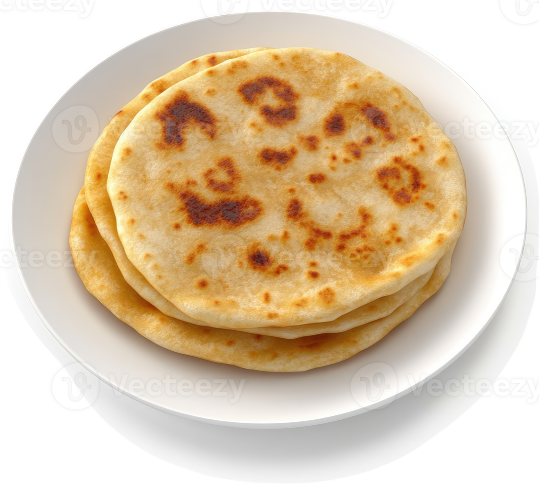 Stacked flatbread on a white plate, top view. png