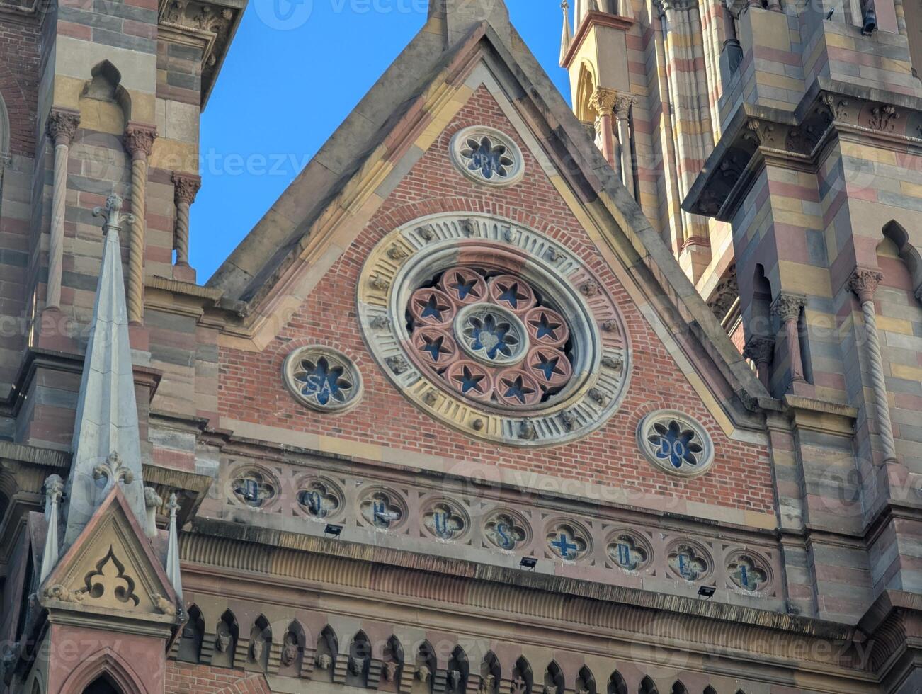 View of Church of Sacred Heart of Jesus Capuchin Church in Cordoba, Argentina. Upper part. Sculptures photo