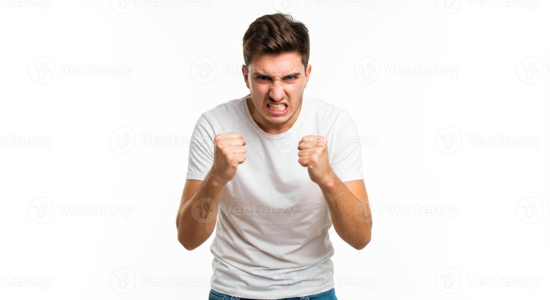 Angry Young Man Clenching Fists and Gritting Teeth in Frustration on White Background photo