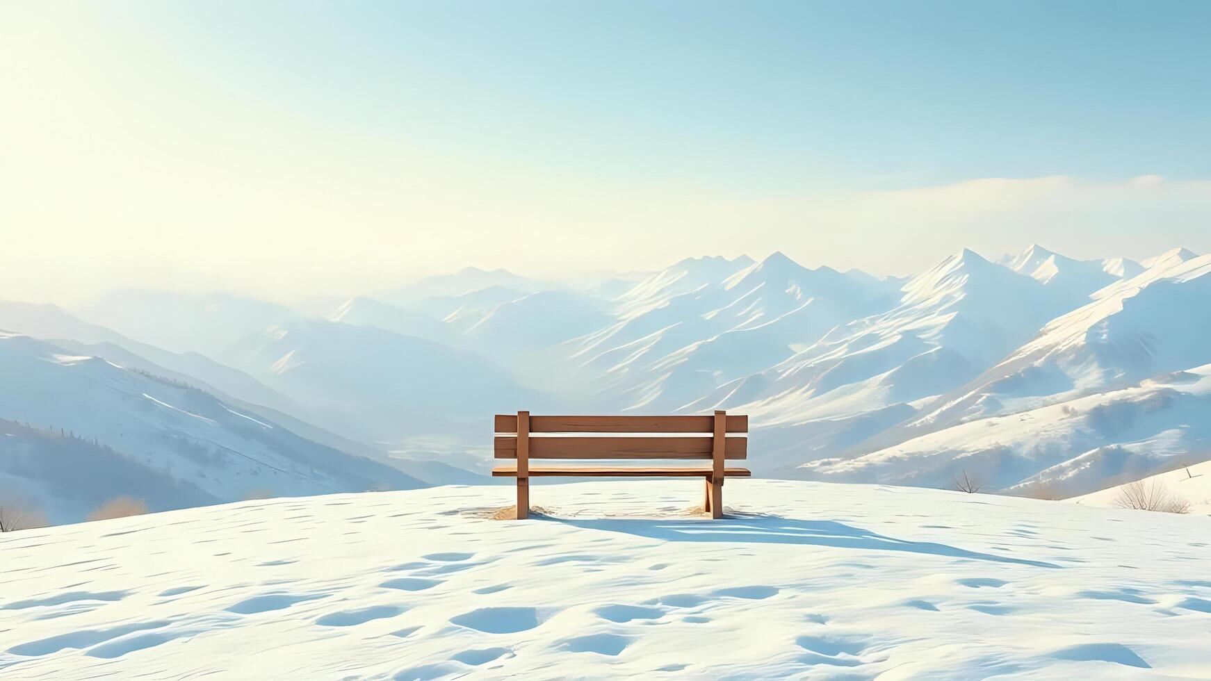 An Eye Level Bench On Top Of Snow Mountains Scenery photo