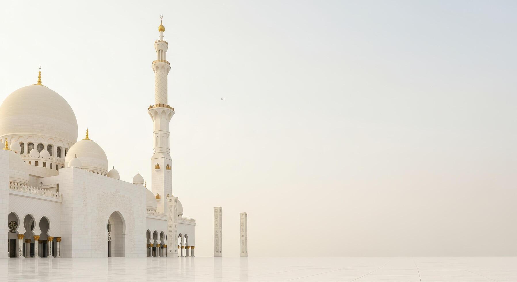 A Grand White Mosque Against a Hazy Sky in Abu Dhabi photo