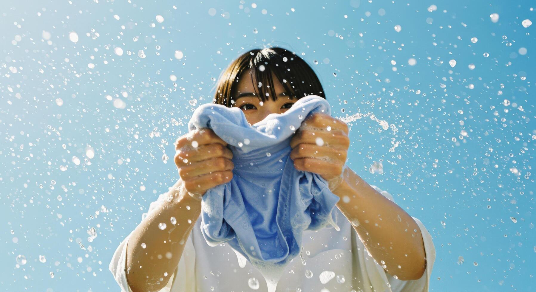 Fresh Laundry Day A Woman Holds a Wet Clothing under Sunshine photo