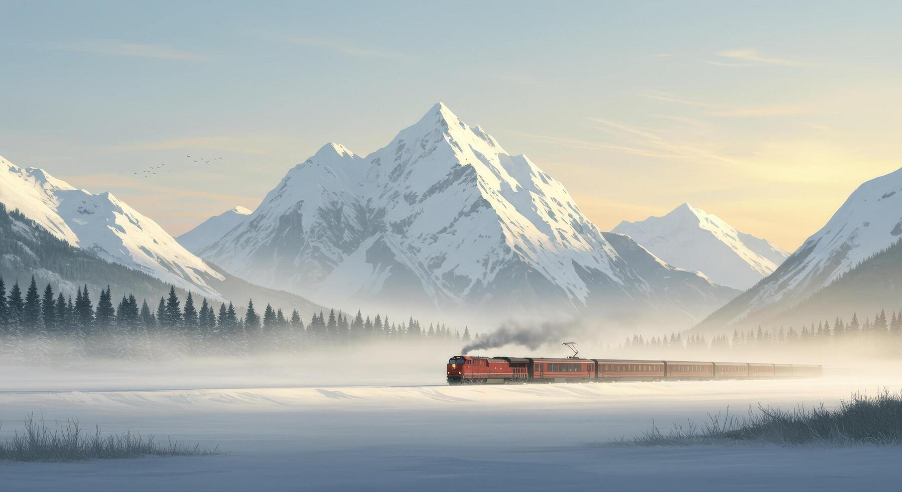 Winter Landscape with Mountains Forest and a Train Nature Scenery photo