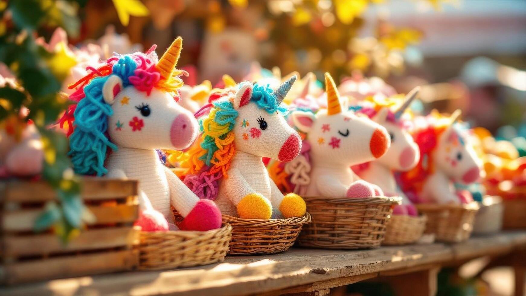 Handcrafted Adorable Unicorns Line Up in Baskets at the Local Fair photo