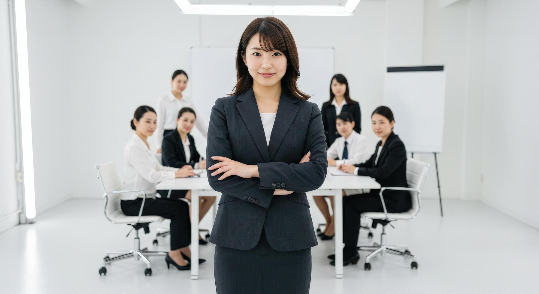 Asian Businesswoman Standing Out Proudly With Team Working at Meeting Table photo
