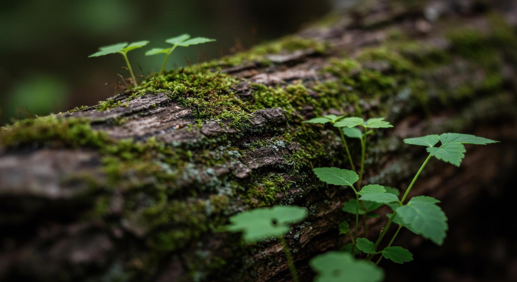 Moss and Tiny Plants on Fallen Tree Trunk in Forest photo