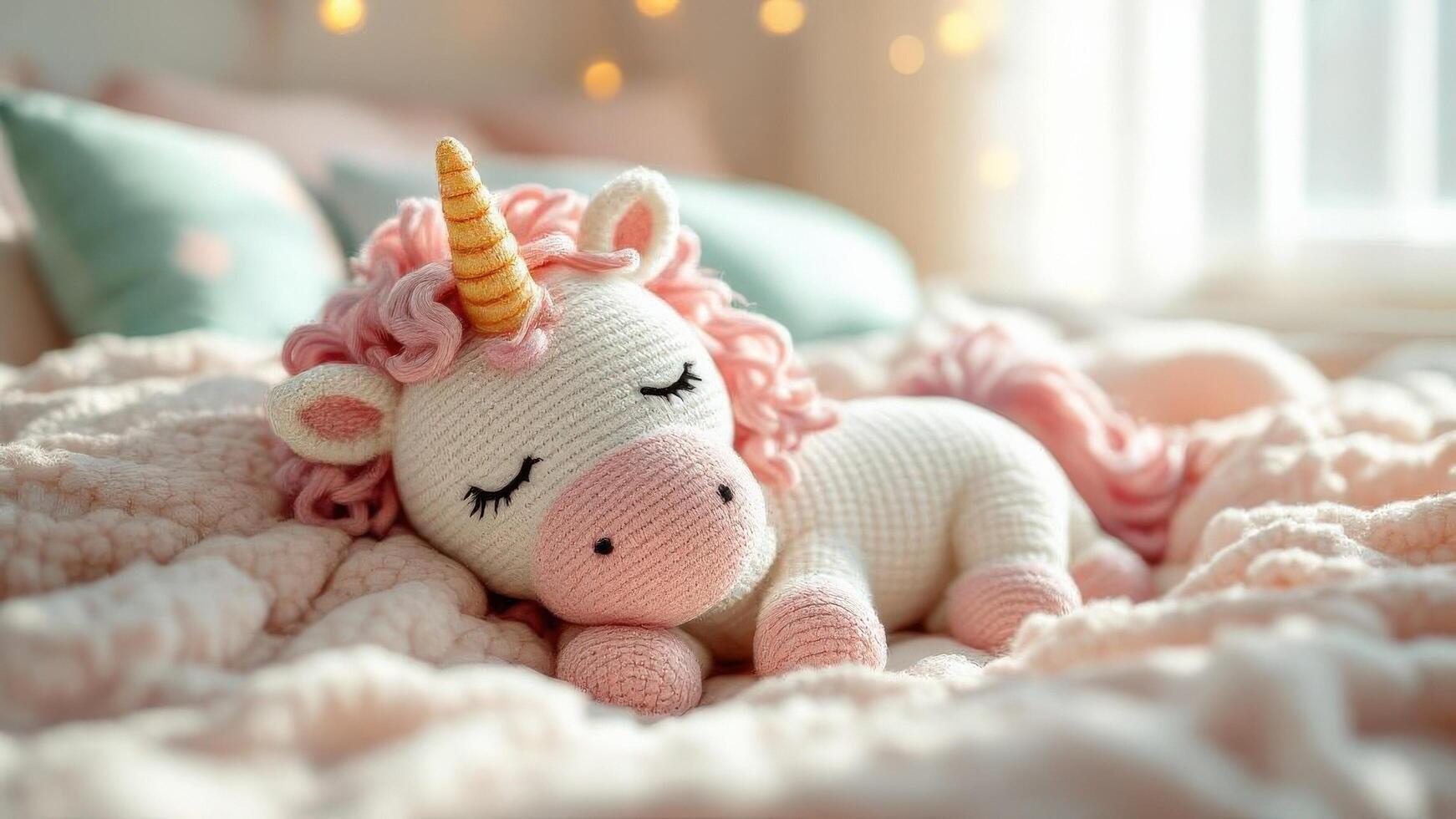 Adorable Knitted Unicorn Toy A Sweet Dreamy Aesthetic Wallpaper Background photo