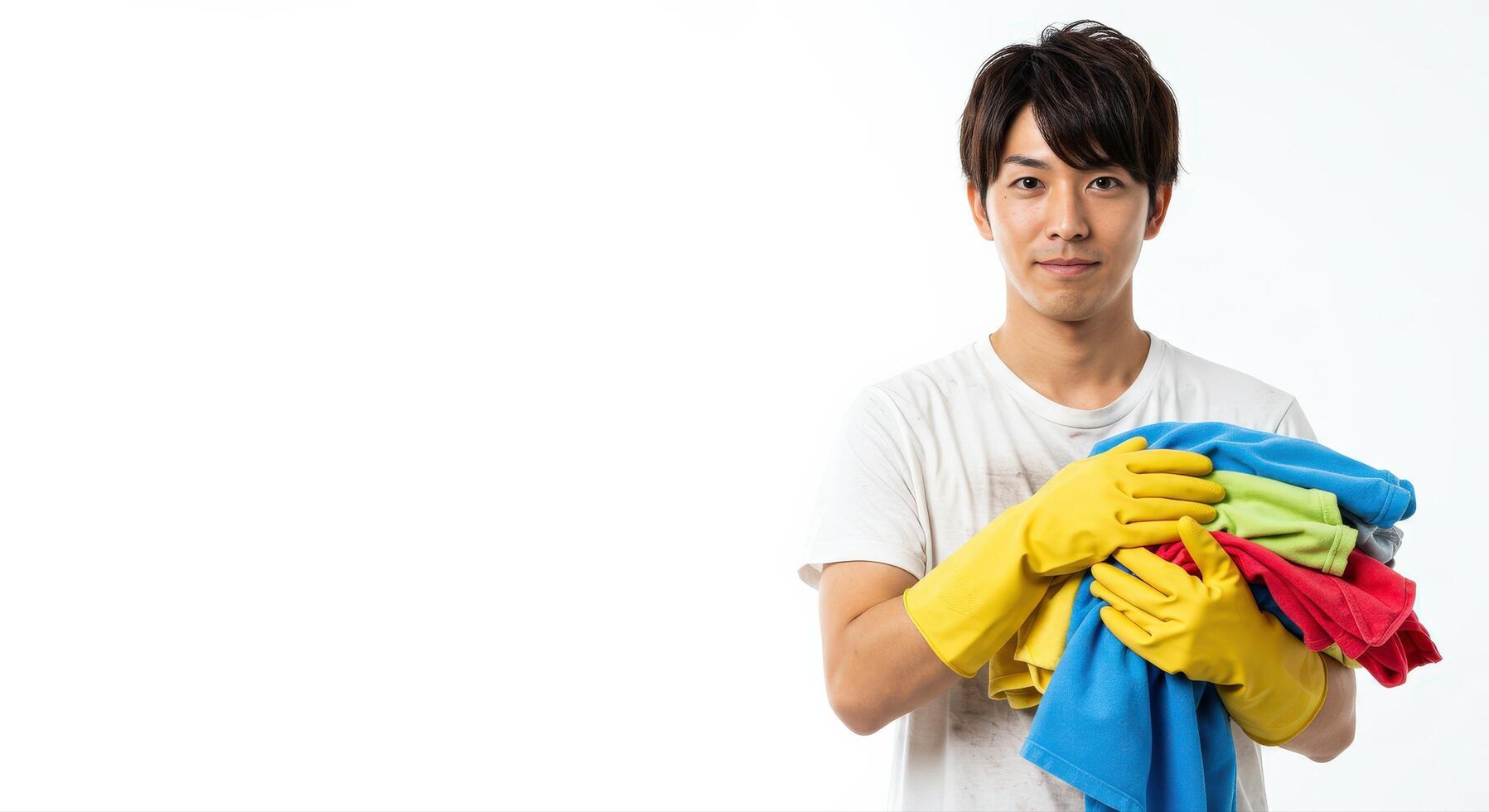 Young Asian Man with Cleaning Gloves Holding a Pile of Cloth photo