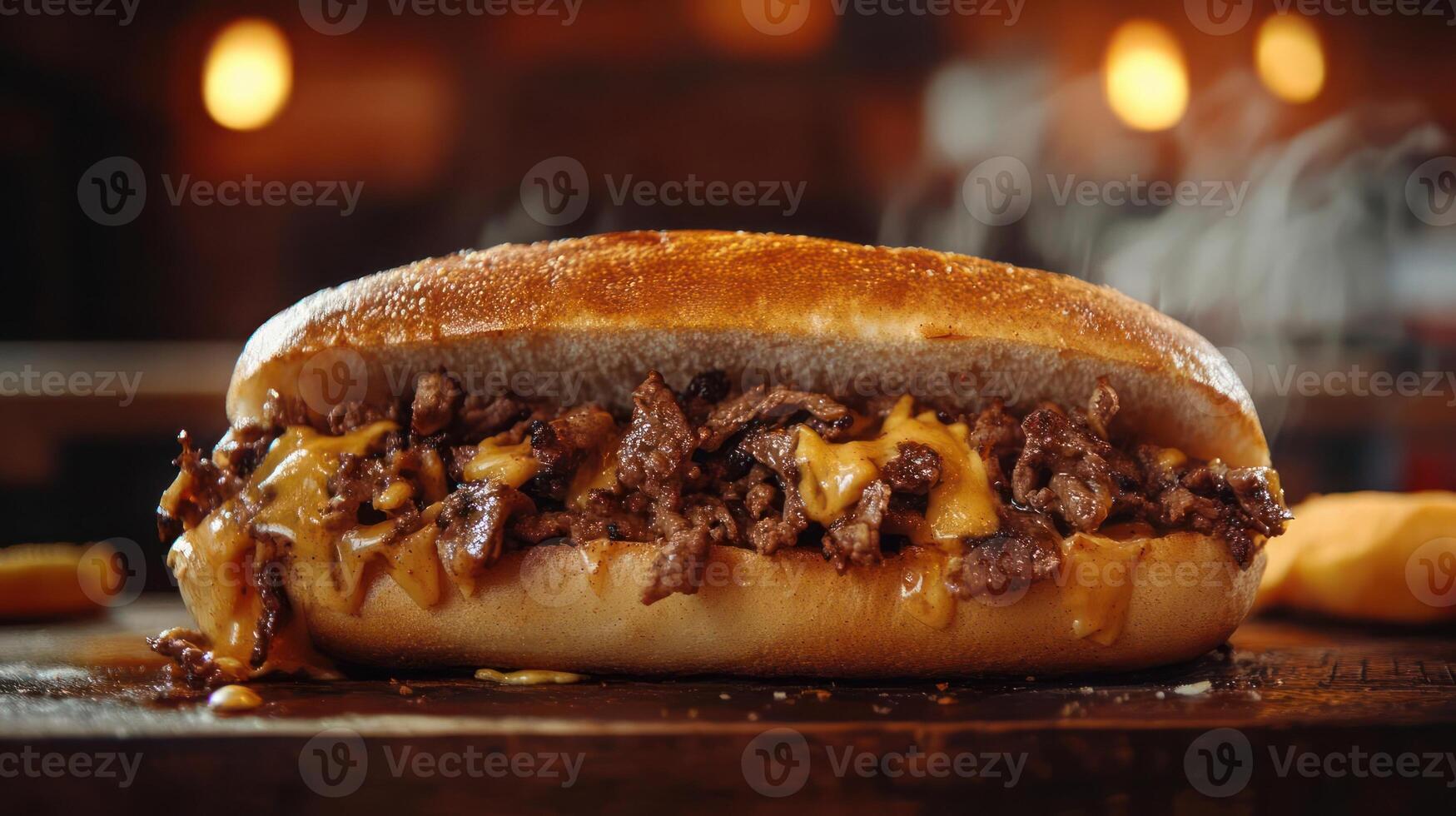 Delicious steak and cheese sandwich with melted cheese and juicy beef. photo