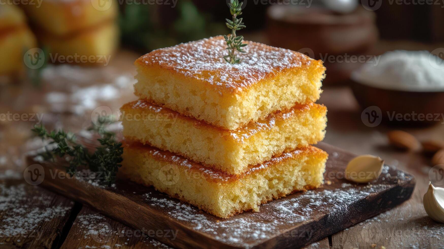 A stack of yellow cake with powdered sugar on top. photo
