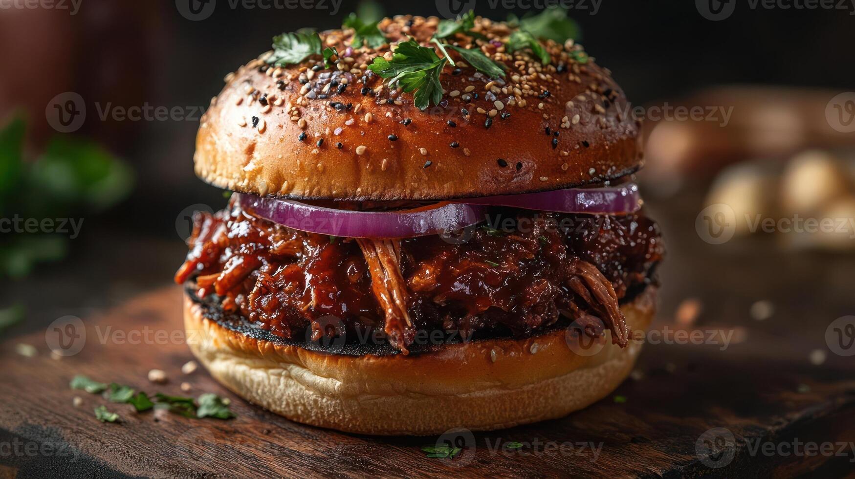 A pulled pork sandwich with red onion and parsley on a bun. photo