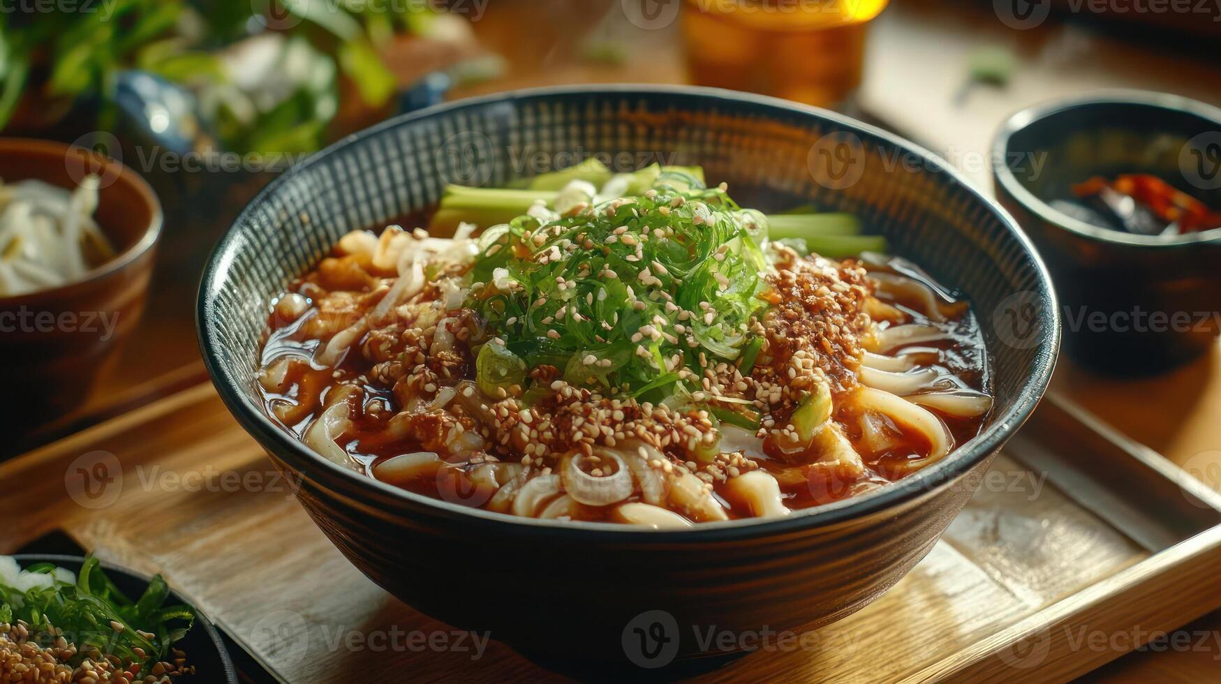 A steaming hot bowl of spicy noodles photo