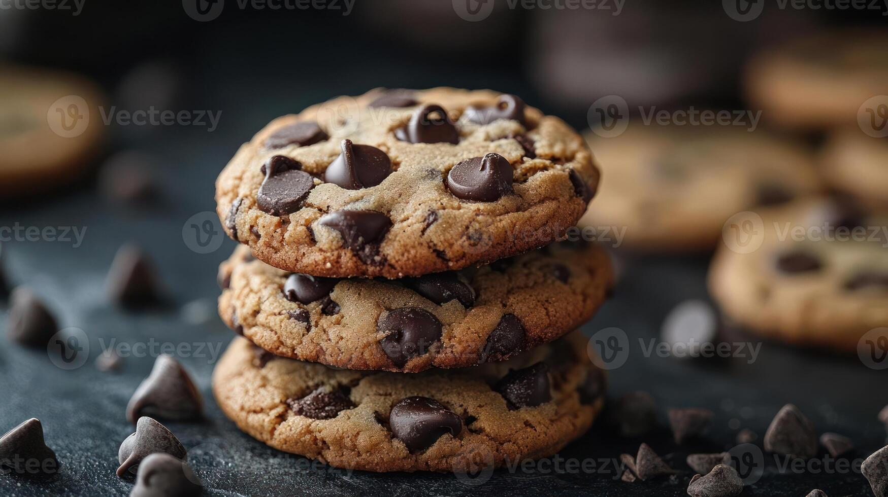 Three chocolate chip cookies stacked on each other photo