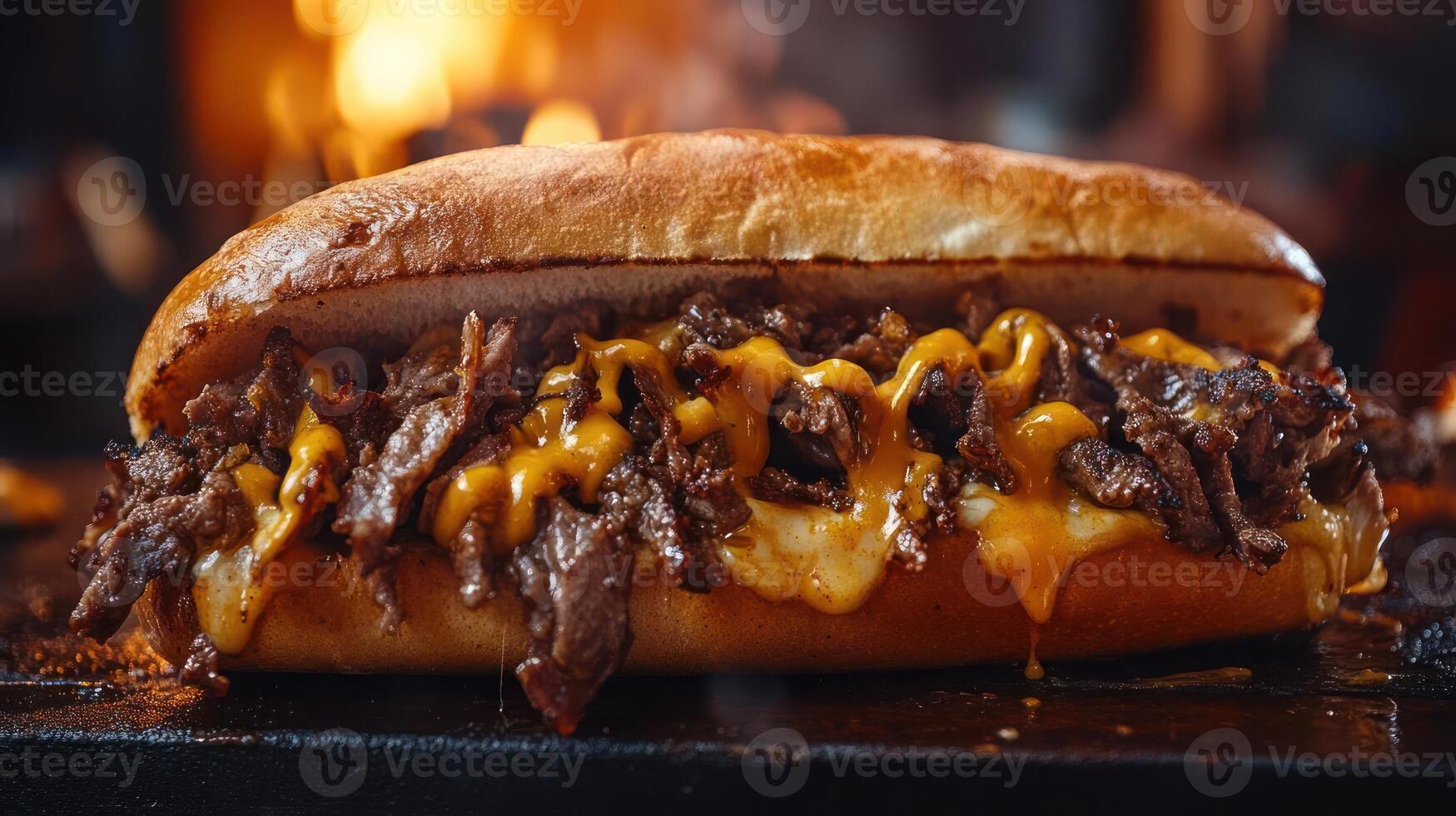 A close-up of a cheesesteak sandwich with melted cheese and meat photo