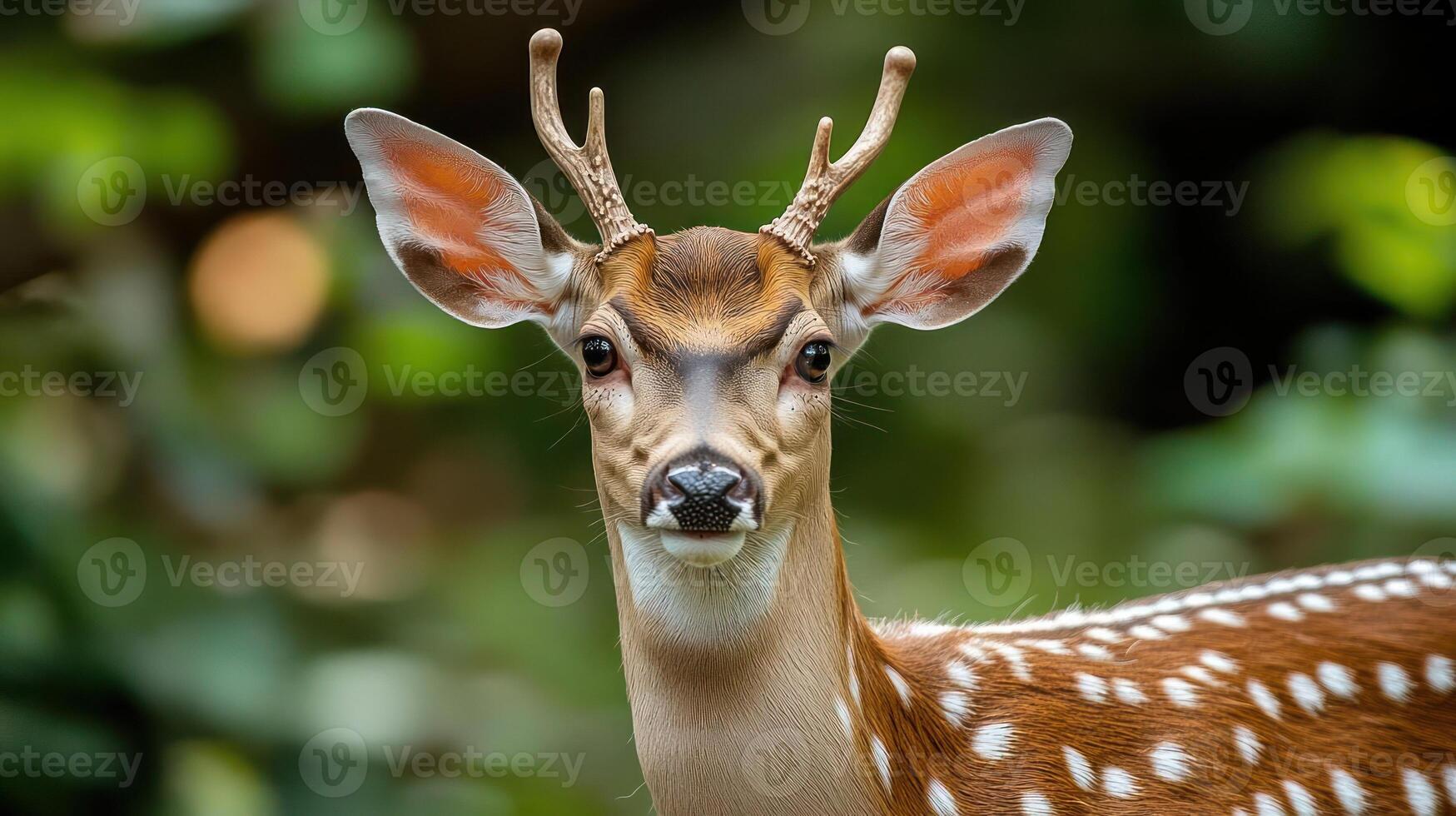 Close-up of a deer with large ears and small antlers. photo