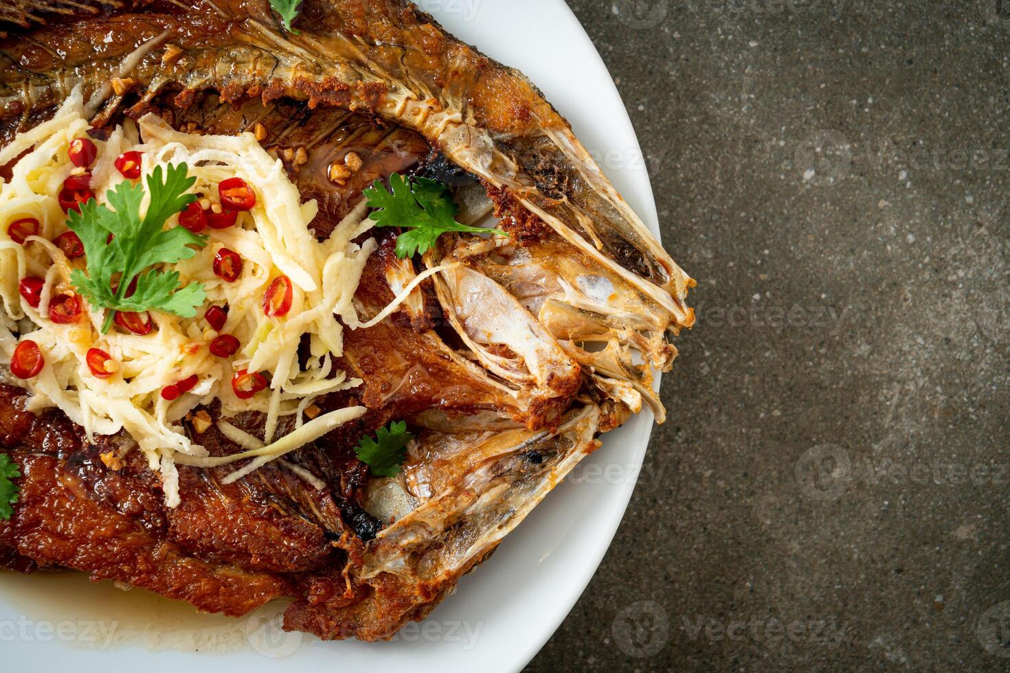 Fried Sea Bass Fish with Fish Sauce and Spicy Salad - Asian food style photo