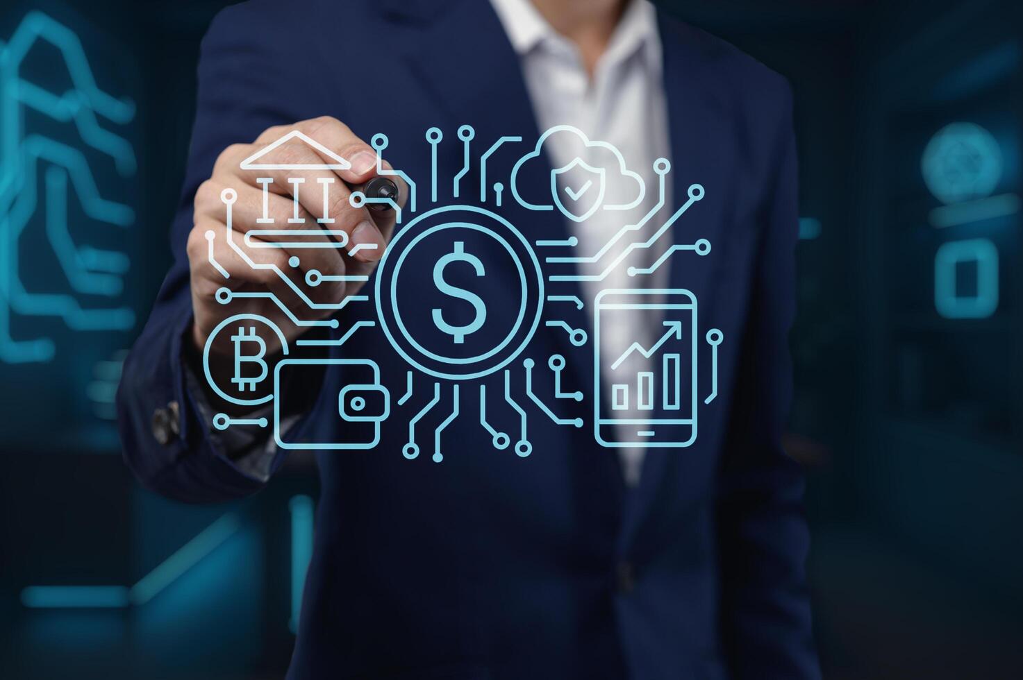 Modern Finance Concepts with Digital Symbols and Currency Elements photo