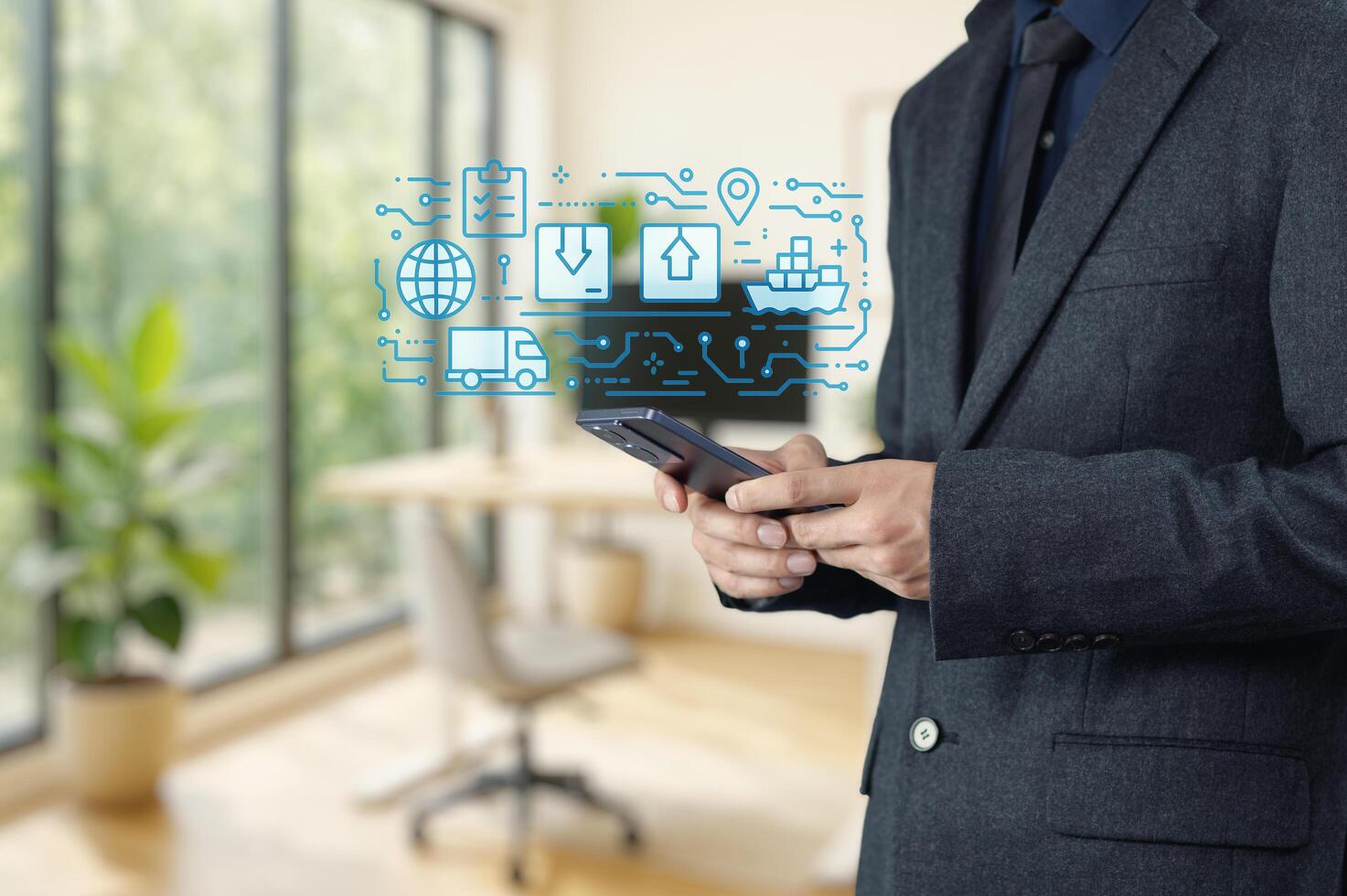 Businessman Using Smartphone with Export and Logistics Icons photo