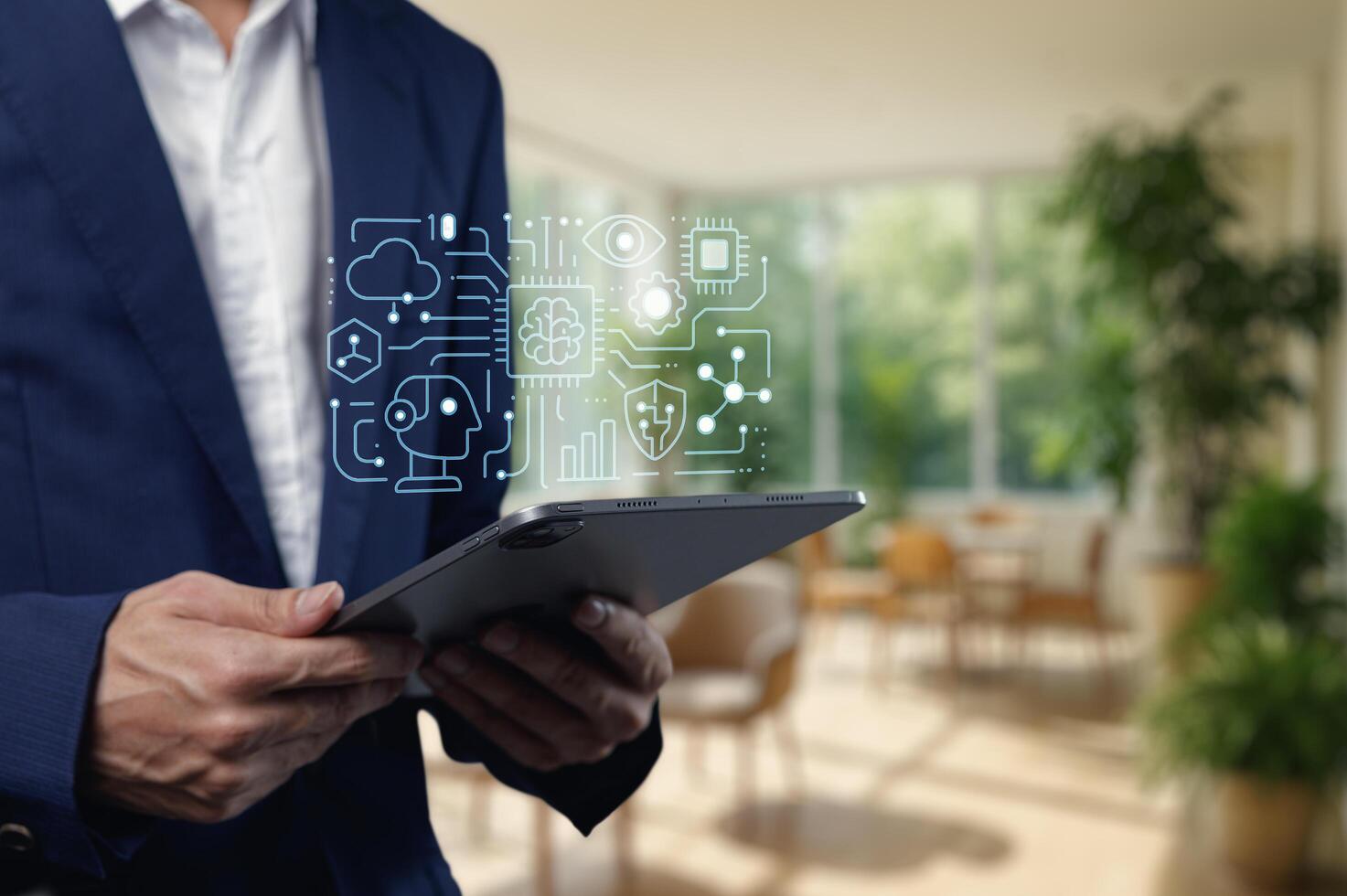 Professional Businessman Using Tablet with Technology Icons Overlay photo
