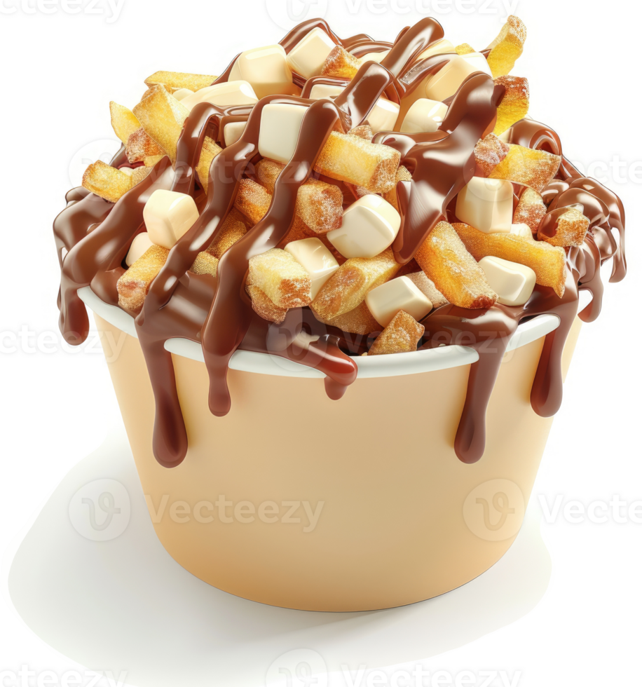 Delicious French fries topped with chocolate and cheese in a paper cup. png