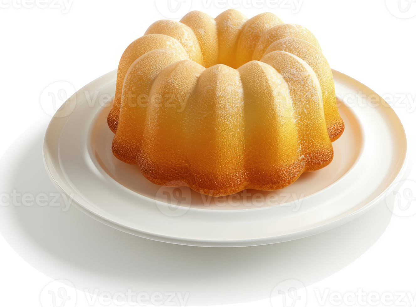 A light-colored bundt cake on a white plate. png