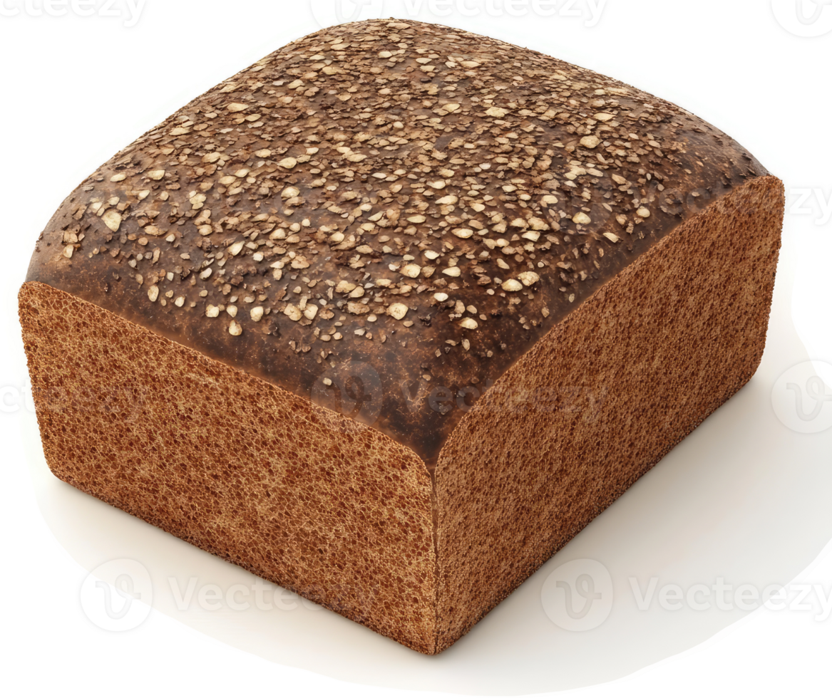 Close-up view of a square loaf of dark-colored bread. png