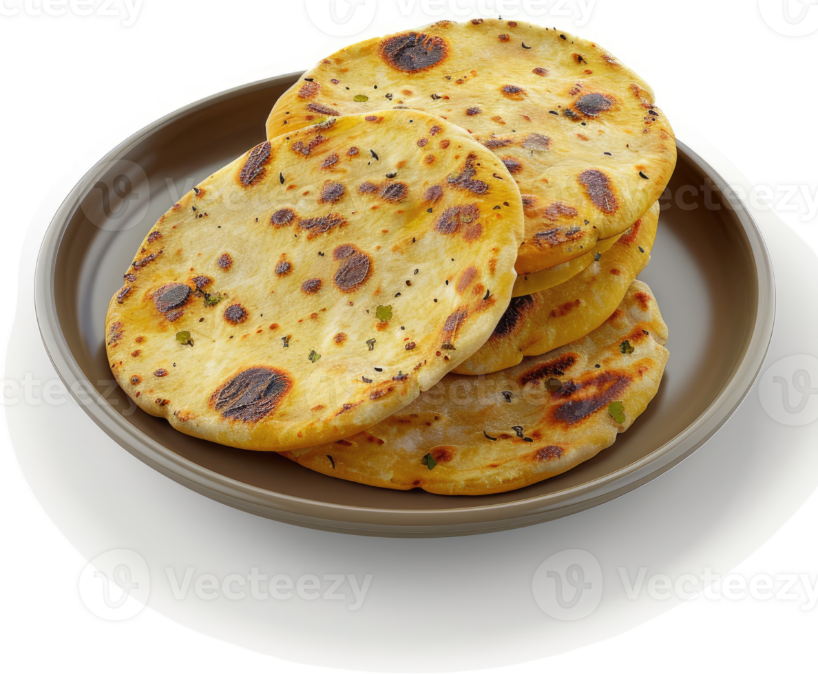 Stack of golden-brown, spiced flatbreads on a dark plate. png