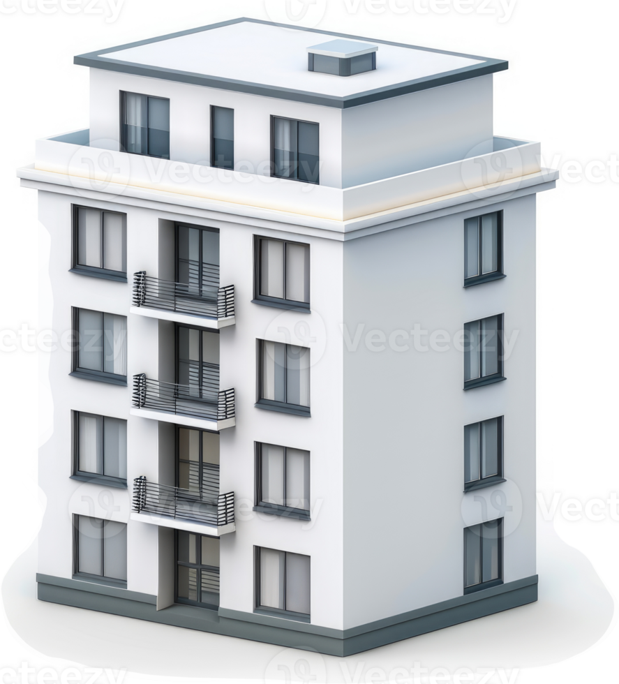 Modern apartment building model rendered in 3d style. png