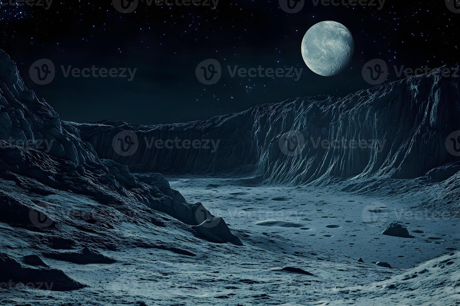Surreal Lunar Landscape Featuring Rocky Terrain, Deep Craters, And A Full Moon Illuminating The Sky In A Dark And Mysterious Atmosphere. photo