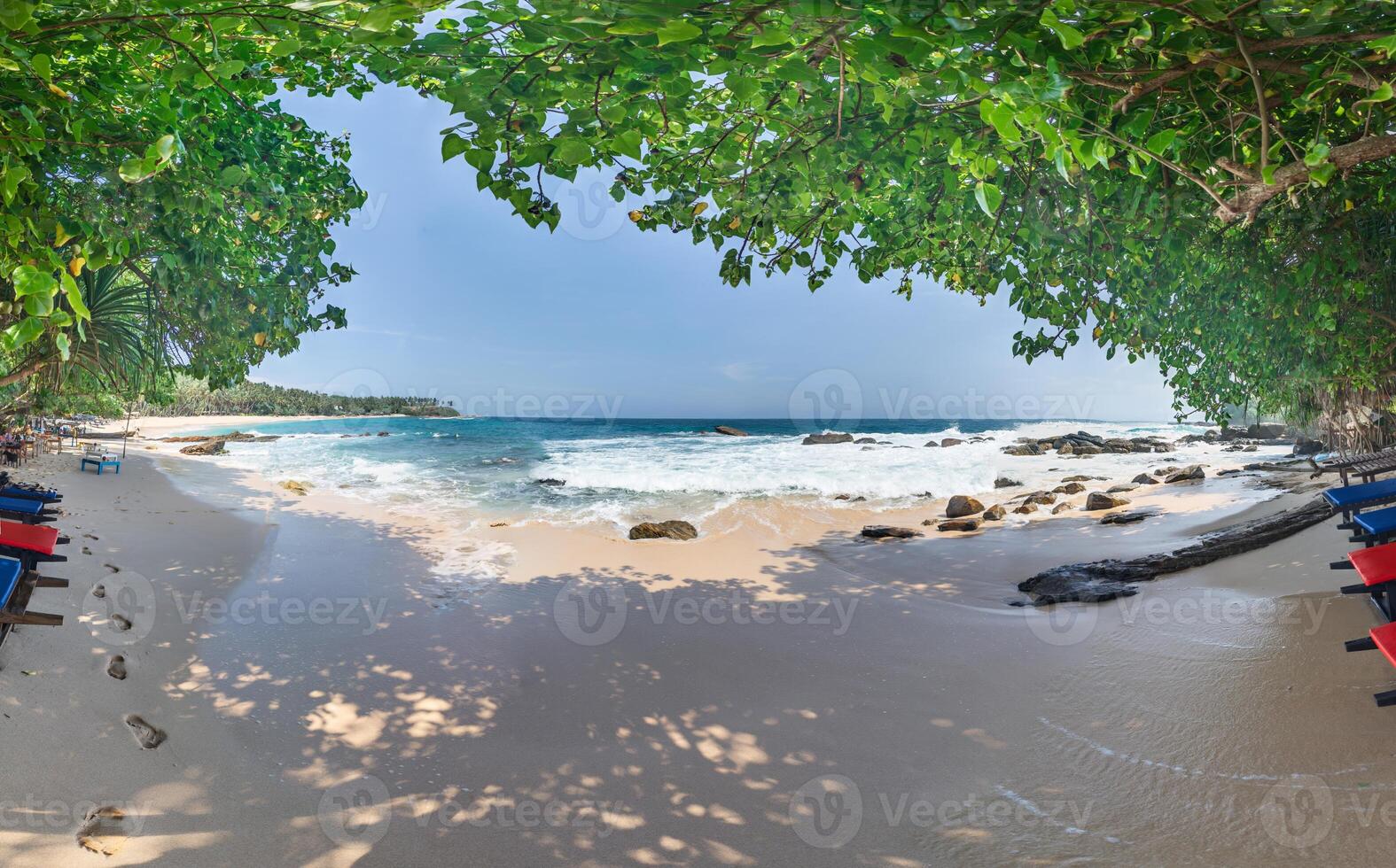 Secluded tropical beach with waves and trees casting shade photo