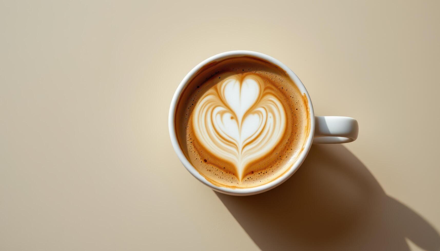minimalist food photography of a latte in a white mug with foam art, soft beige background, natural daylight, top down view photo