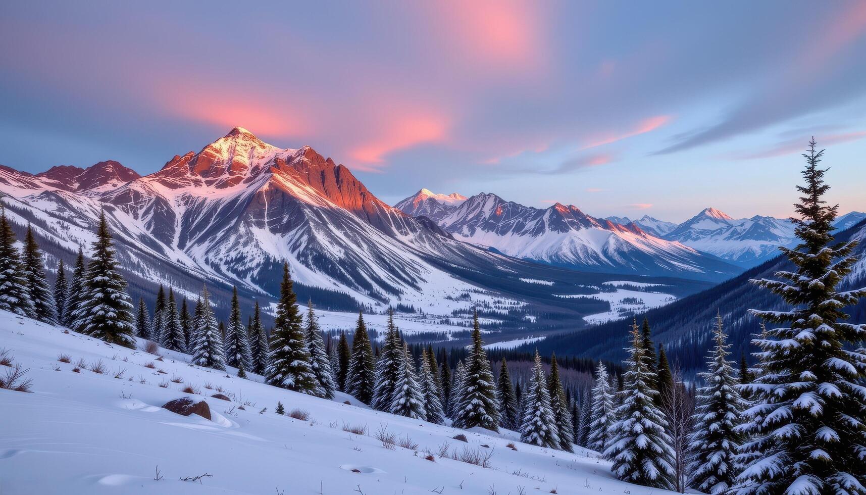 a mountain range glows under the first snow of winter, with evergreen trees dusted in white. photo