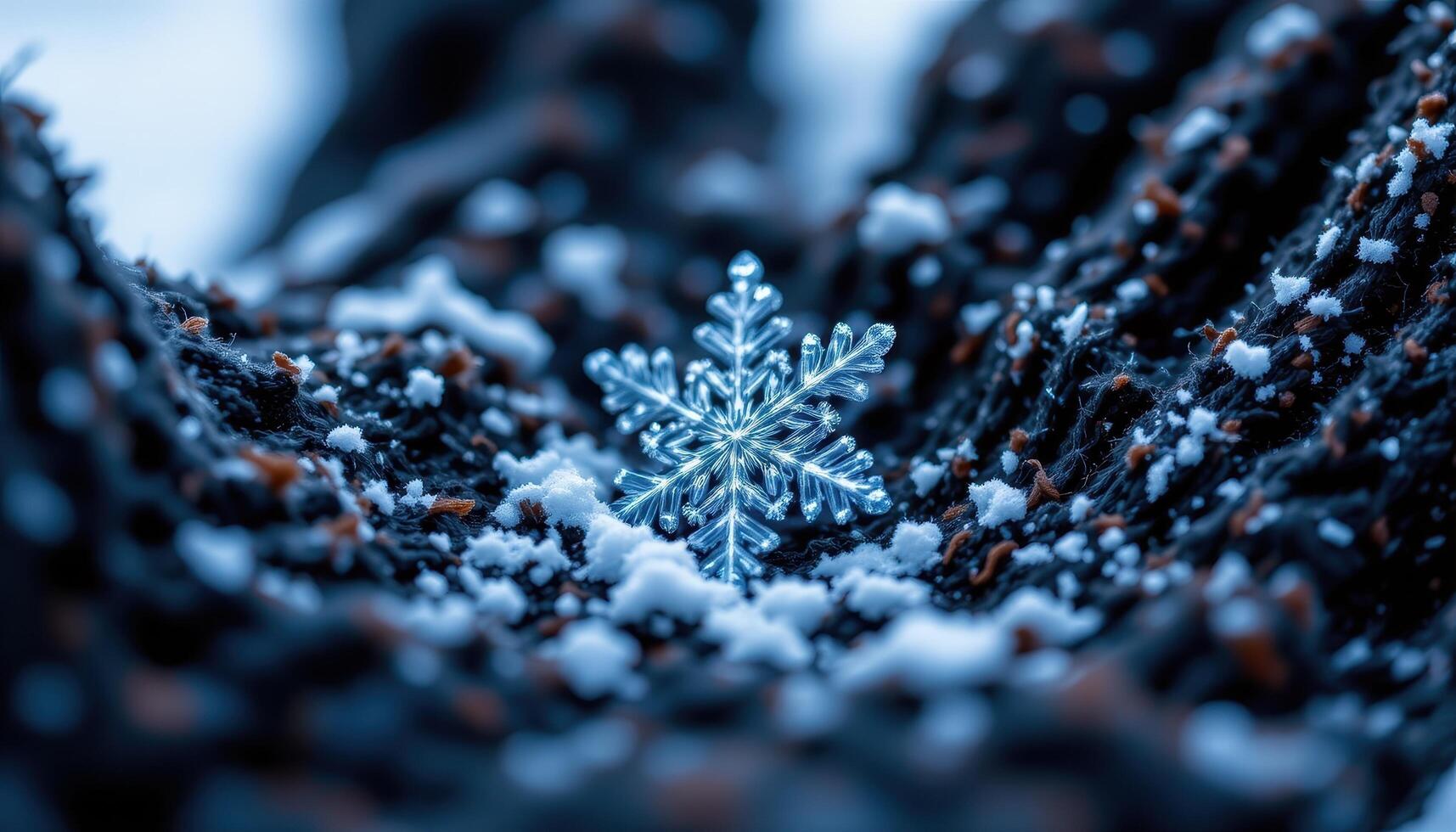 close up of a single snowflake on a wool glove, macro perspective photo