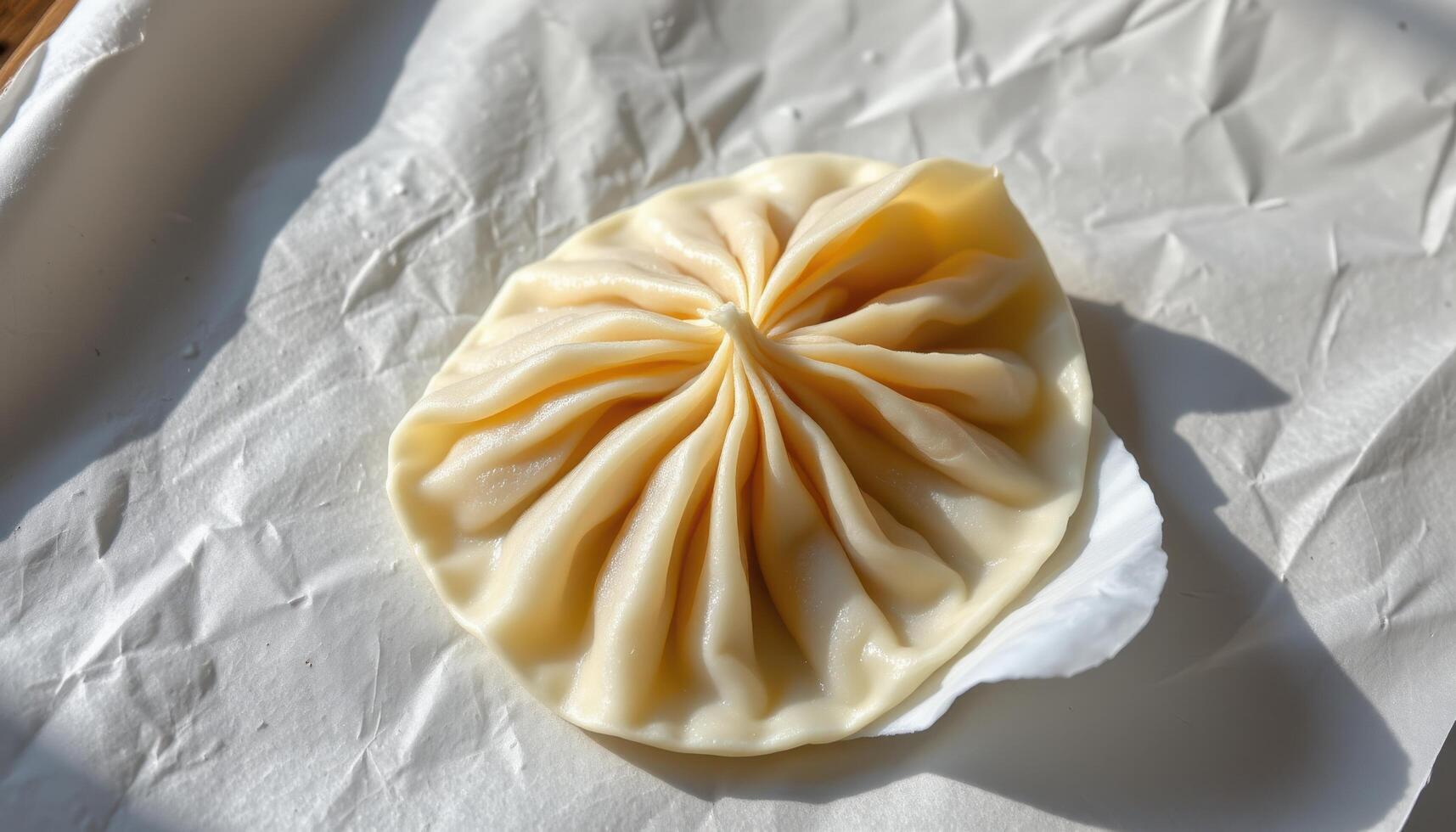 minimalist food photography of a transparent dumpling with visible filling patterns, soft rice paper background, natural daylight photo