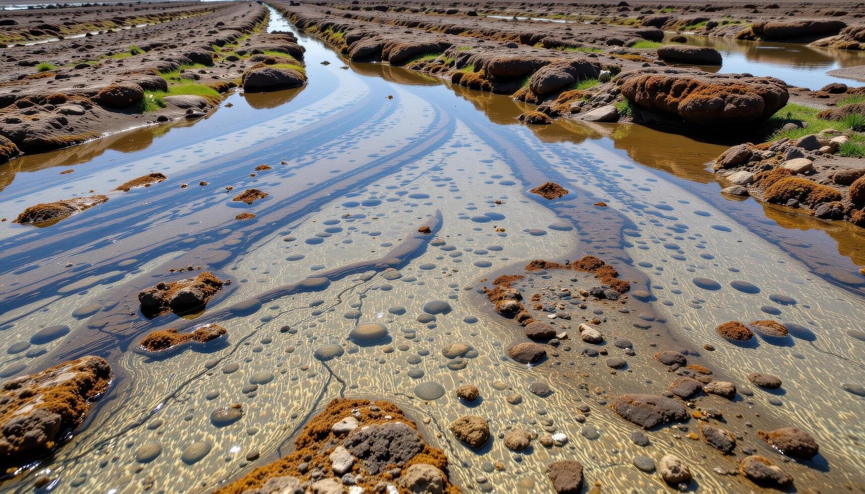 a shallow reef at low tide, exposing coral patterns and tidepools reflecting the sky. photo