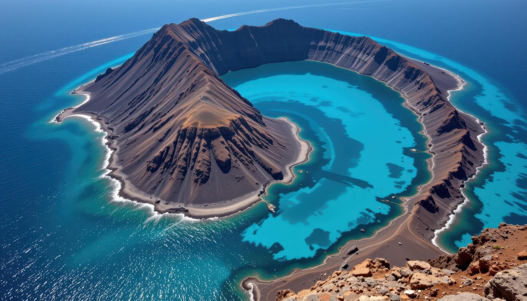 a sunken volcanic island, its caldera forming a perfect circle filled with turquoise sea and ringed by steep cliffs. photo