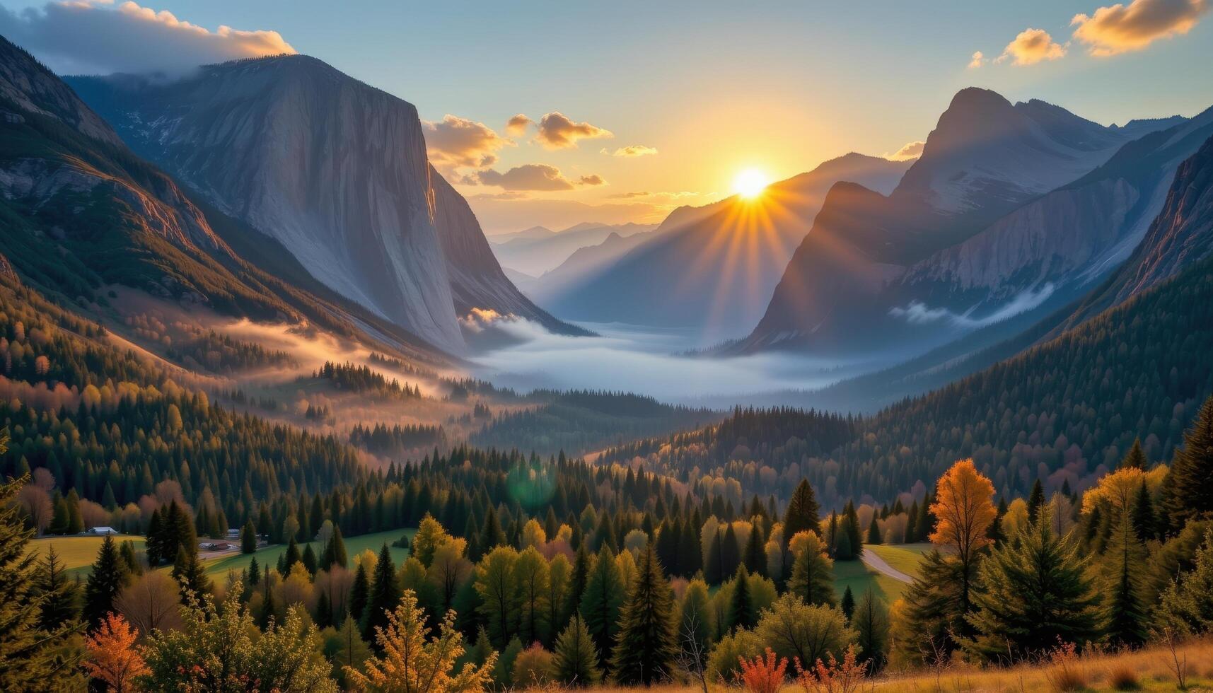 a serene valley nestled between towering mountains, covered in mist with a golden sunrise casting soft light across the landscape. photo