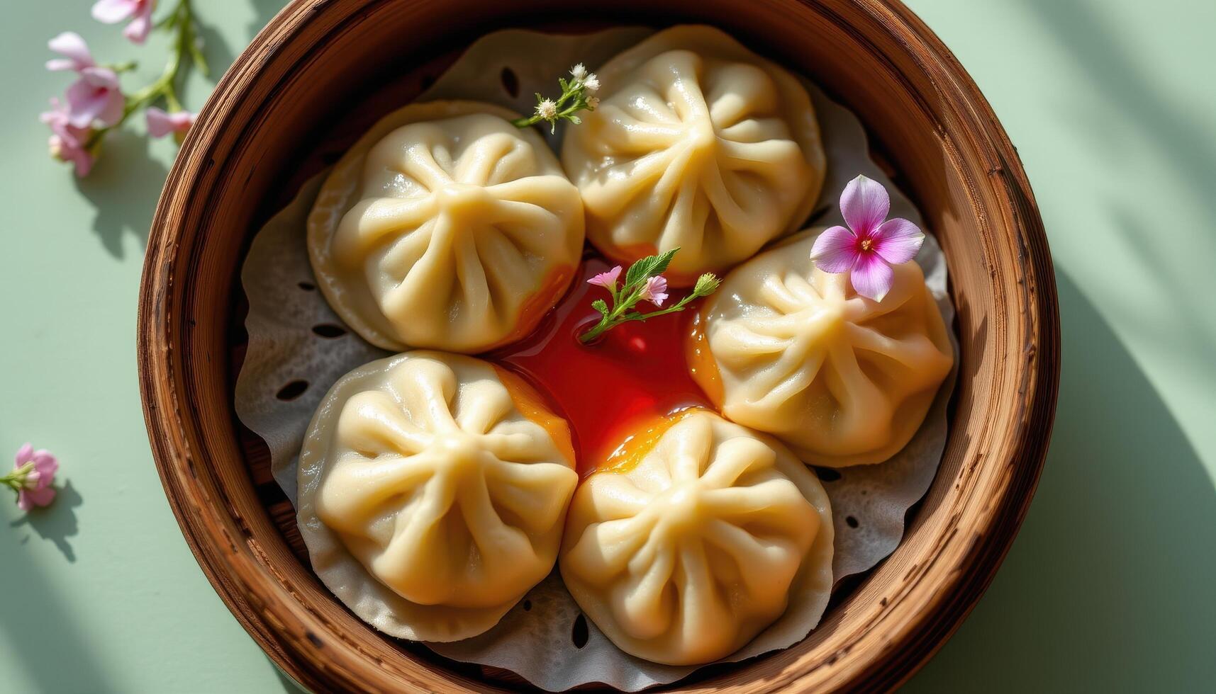 minimalist food photography of a liquid center dumplings in a bamboo steamer with floral garnish, soft jade background photo
