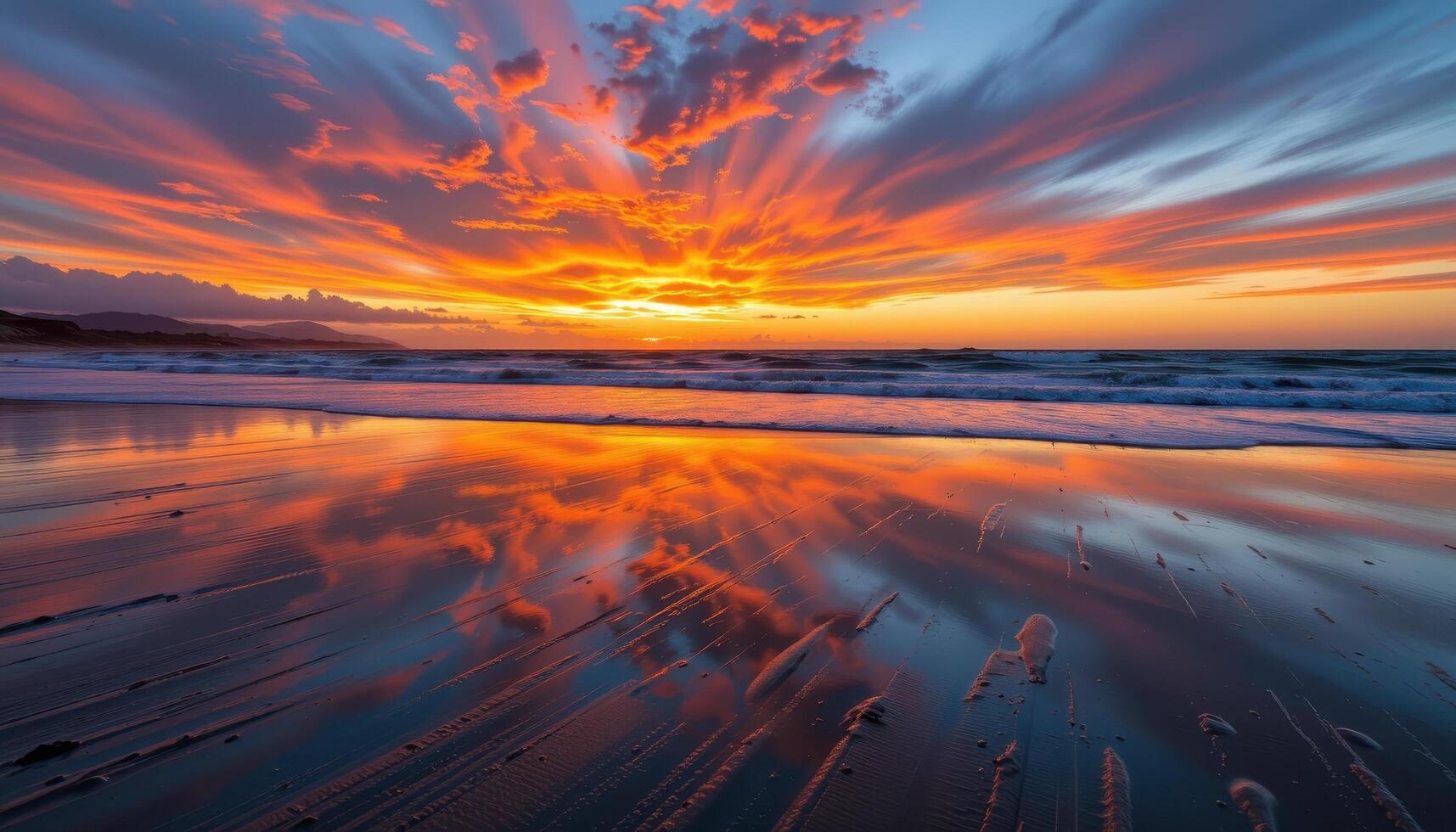 a colorful sunset reflects on wet sand at low tide on an empty beach. photo