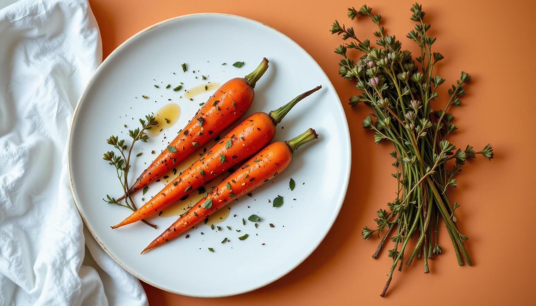minimalist food photography of a roasted carrots on a white plate, thyme with honey glaze, soft orange background photo