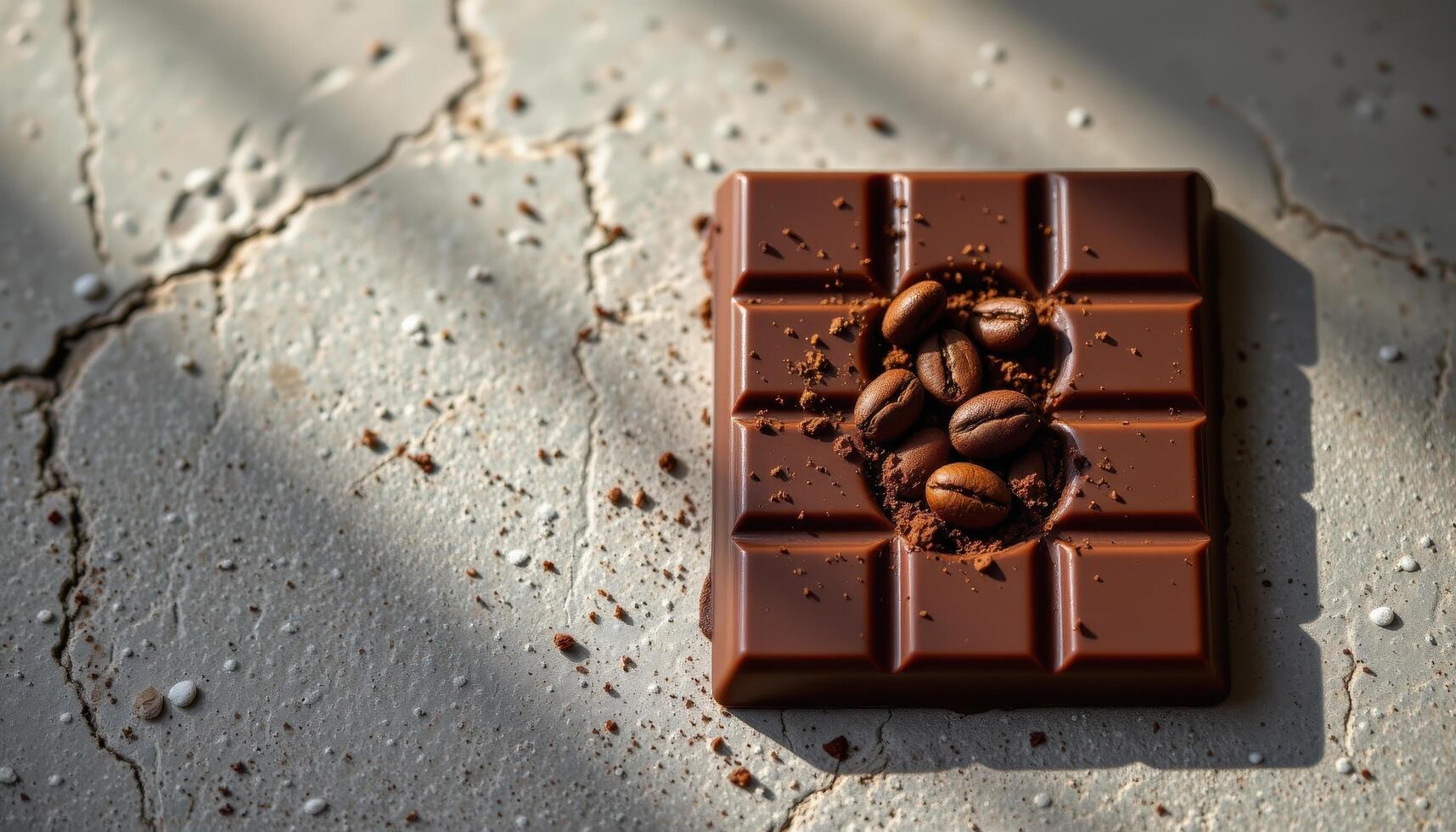 minimalist food photography of a geometric chocolate tile with embedded coffee bean fragments, soft concrete background photo