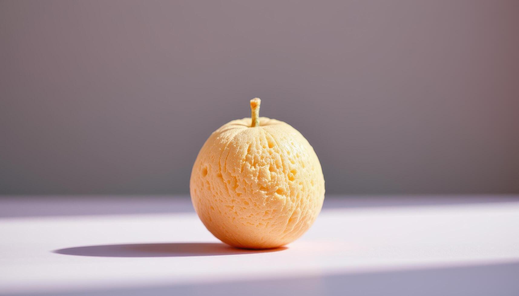 minimalist food photography of a single sugar blown fruit with thin candy shell, soft pastel gradient background photo