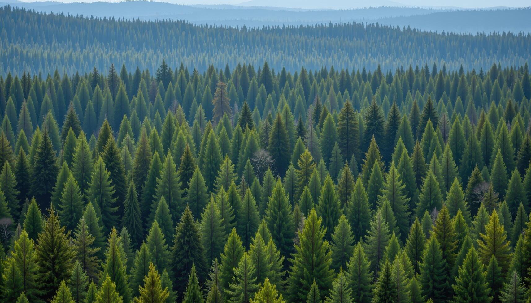 a dense pine forest stretches endlessly, with only faint light peeking through the treetops. photo