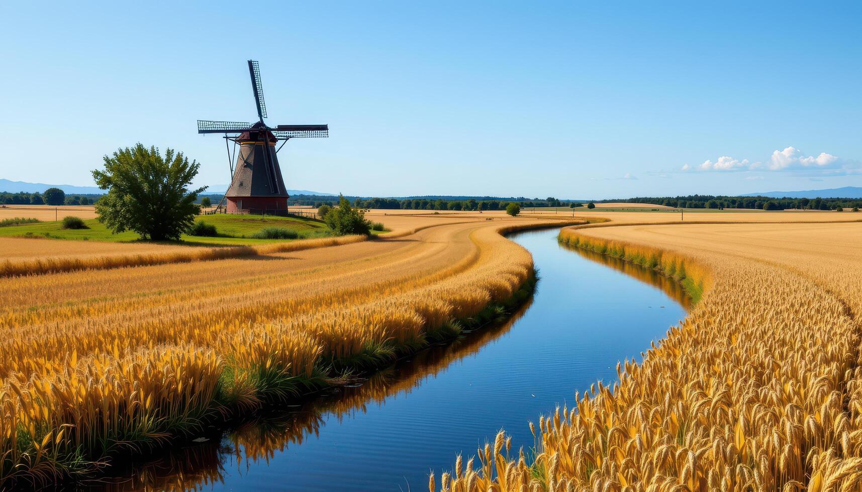 a quiet river winding through a golden wheat field, with an old windmill turning slowly in the distance under a blue sky. photo