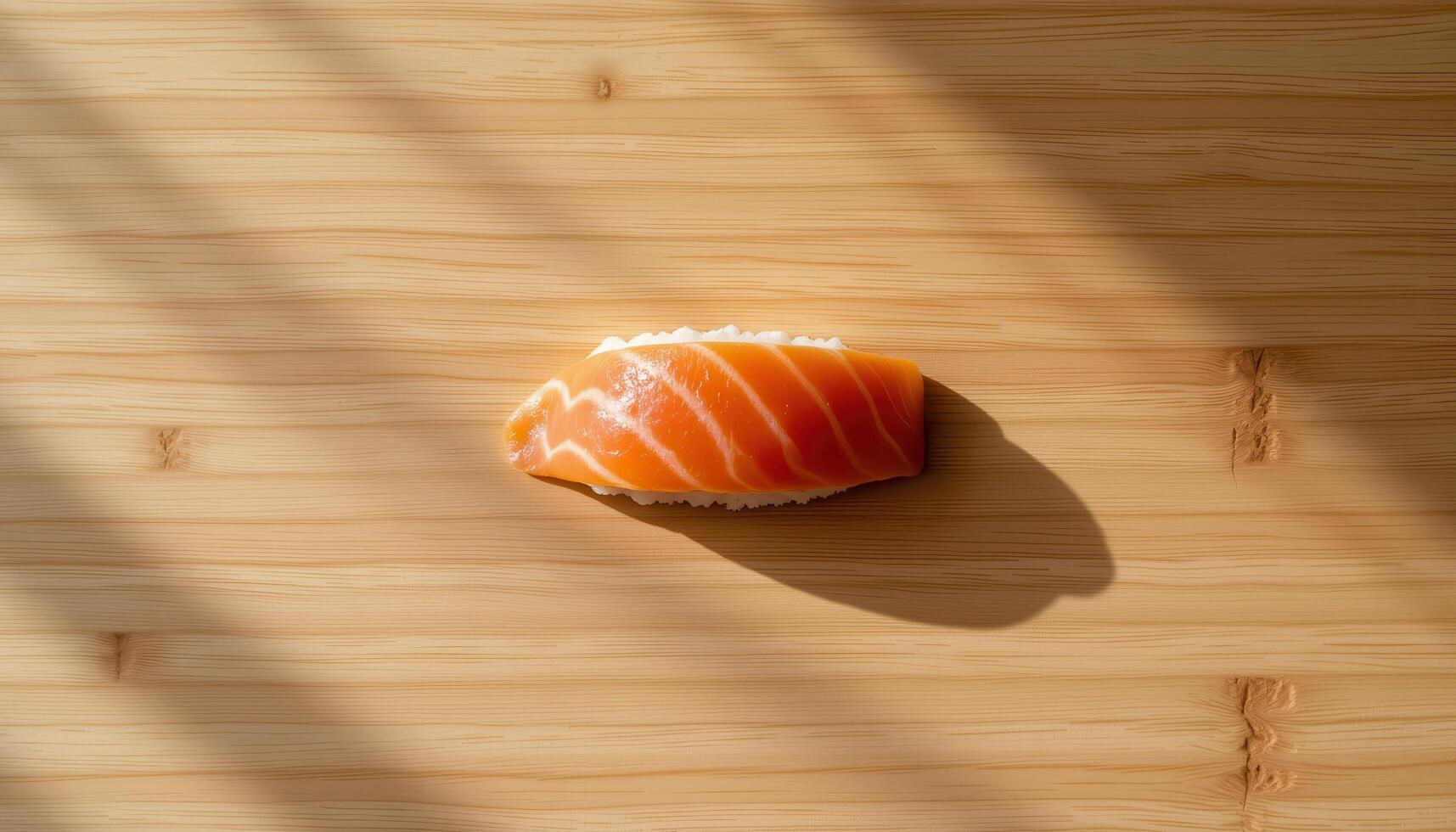minimalist food photography of a single sushi nigiri with fish slice precisely draped, soft hinoki wood background photo