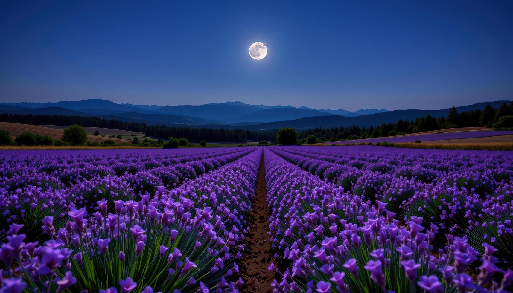 a moonlit field of lavender stretching out to distant hills beneath a clear night sky. photo